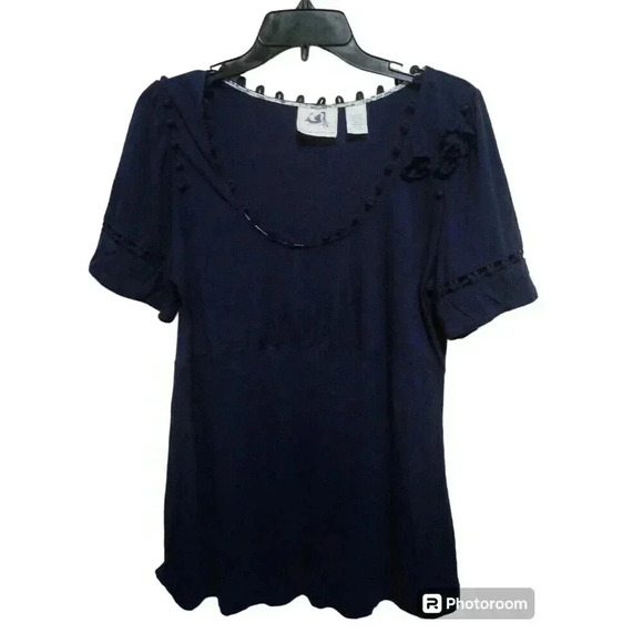 ANTHROPOLOGIE Mermaid Top Blue Short Sleeve 3D Flowers 100% Modal Size XL - Picture 1 of 4